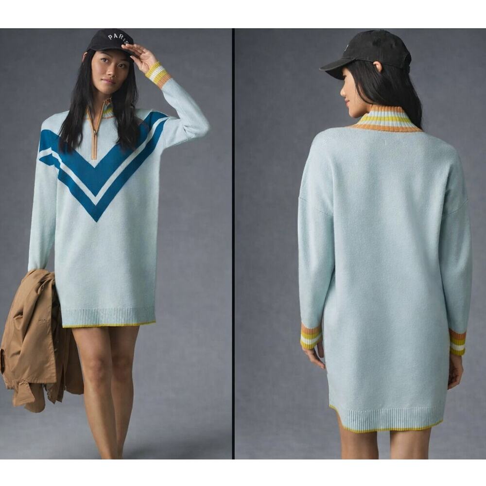 Maeve Varsity Chevron Half Zip Sweater Dress Blue Knit Womens Med
